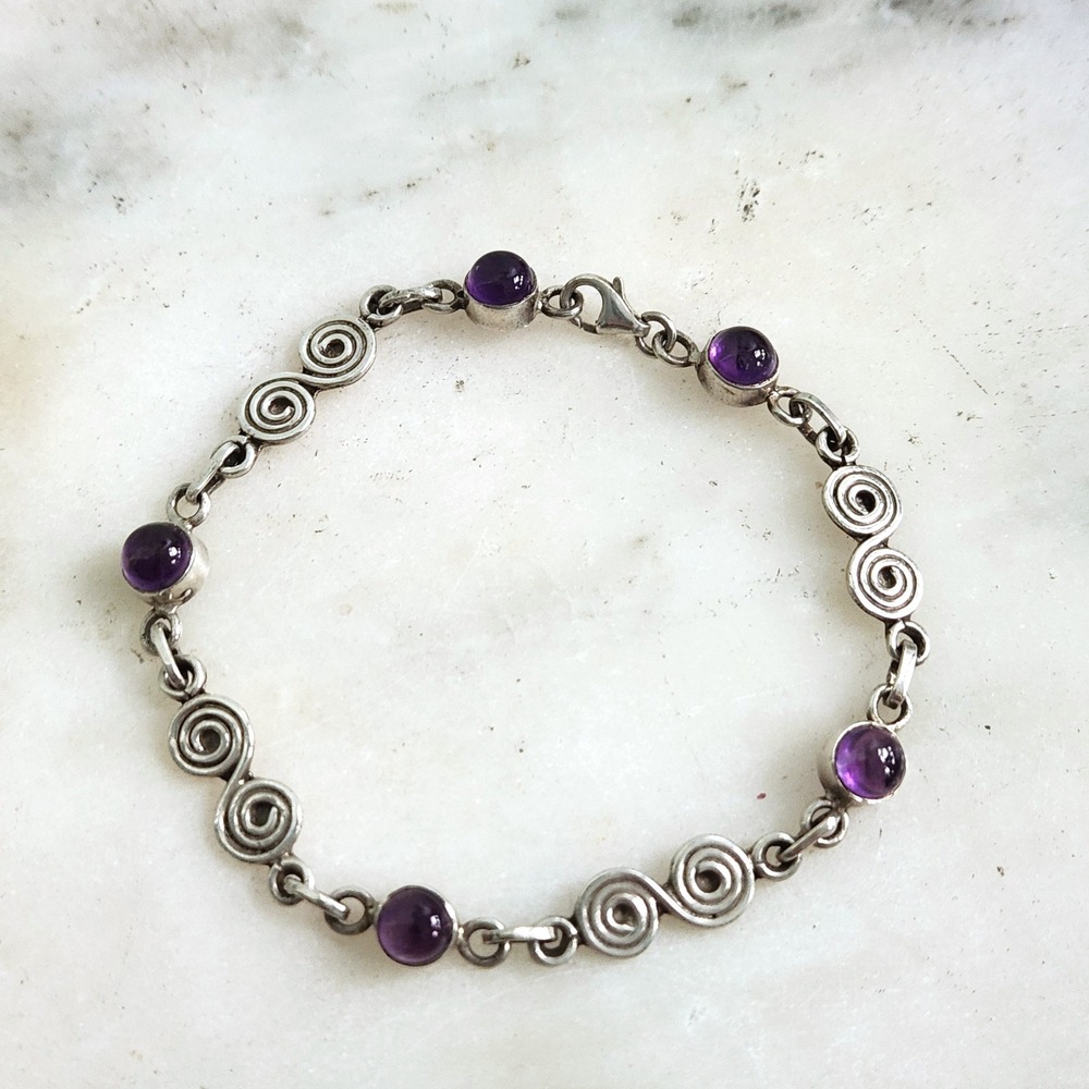 Vintage Amethyst and Sterling Silver Bracelet Swirl Design 8" High Quality